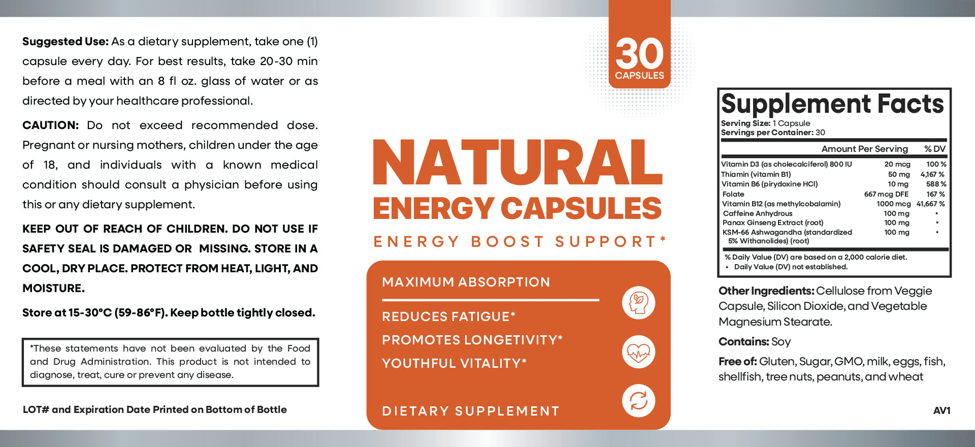 Natural Energy Capsules ingredient label and supplement facts
